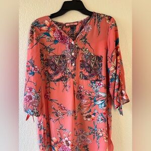 Olive Hill orange/peach floral blouse 3/4 sleeves chic, boho, cottage core.